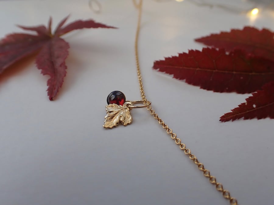 Gold Filled Maple leaf and Garnet autumnal charm necklace