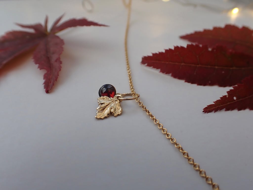 Gold Filled Maple leaf and Garnet autumnal charm necklace