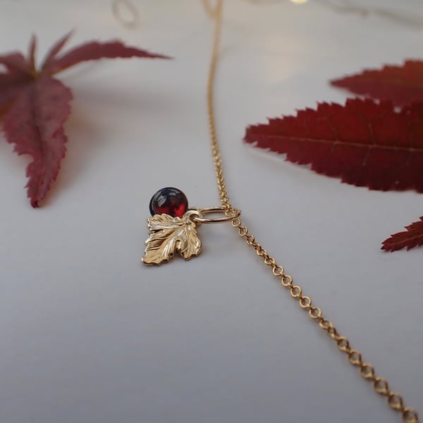 Gold Filled Maple leaf and Garnet autumnal charm necklace