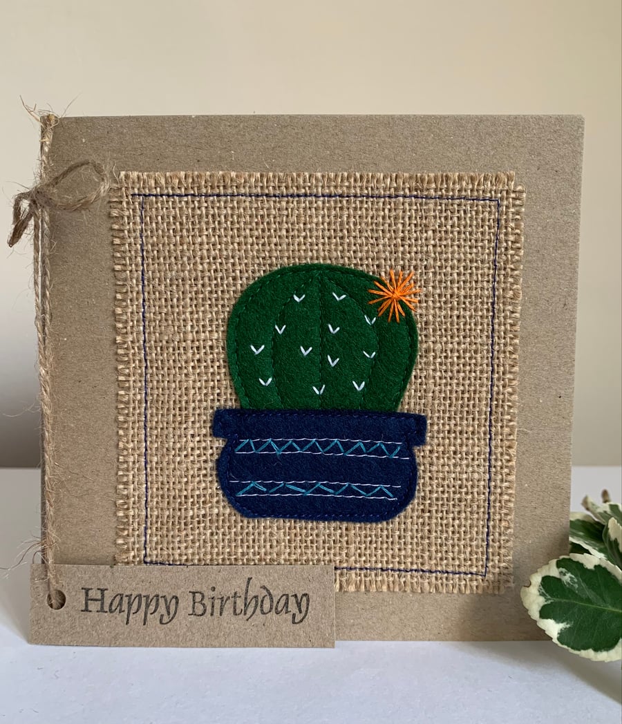Birthday Card. Cactus in decorated pot, wool felt, hand made. 