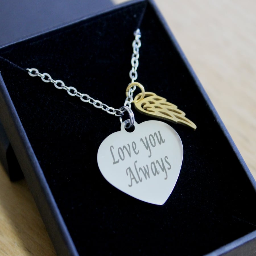Personalised Engraved Necklace Heart Pendant Angel Wing Charm Jewellery Gifts