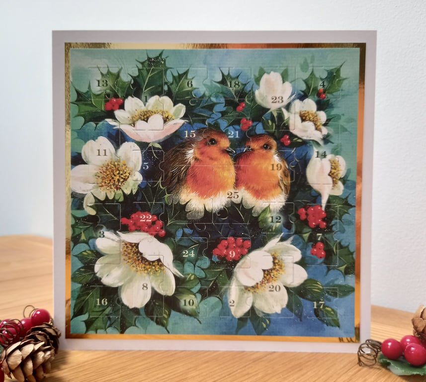 Advent Calendar Style Christmas Card - Robin & Holly