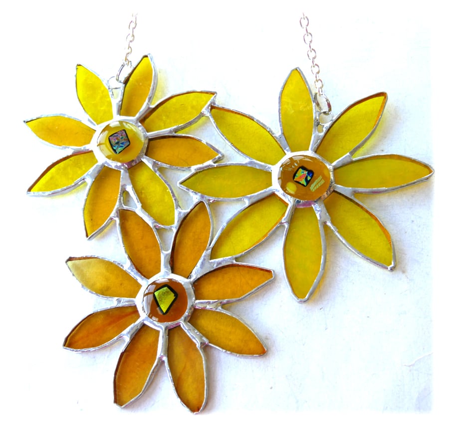 Sunflower Stained Glass Suncatcher Trio of Flowers Handmade Yellow