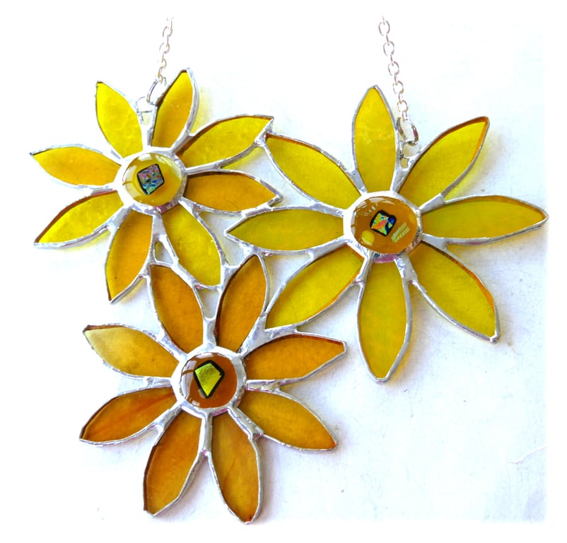Sunflower Stained Glass Suncatcher Trio of Flowers Handmade Yellow