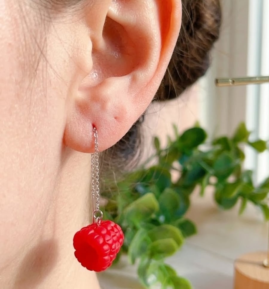 Long Realistic Raspberry Earrings, Vibrant Red Berry Statement Jewelry