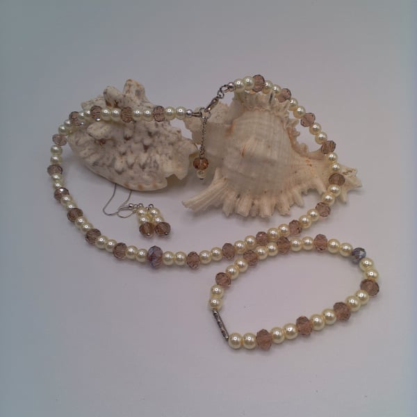 Mauve Crystals and Cream Pearl Jewellery Set, Wedding Jewellery, Gift for Her