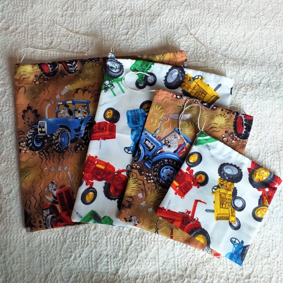 Pack of 4 Tractor Drawstring Gift Bags, handmade