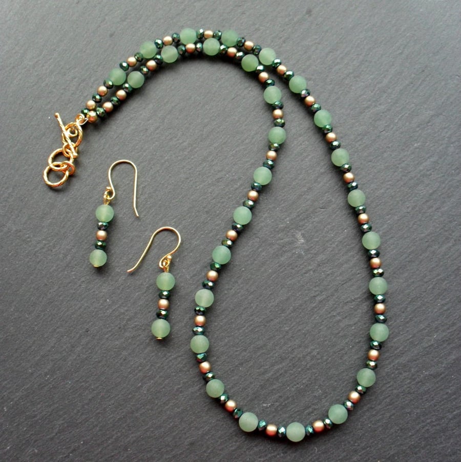 Green Frosted Aventurine Crystals and Gold Czech Glass Necklace  Earrings  Set