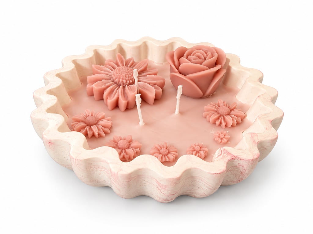 Handmade Pink Floral Candle in Scalloped Eco-Resin Casting Bowl