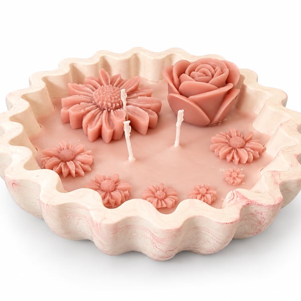 Handmade Pink Floral Candle in Scalloped Eco-Resin Casting Bowl