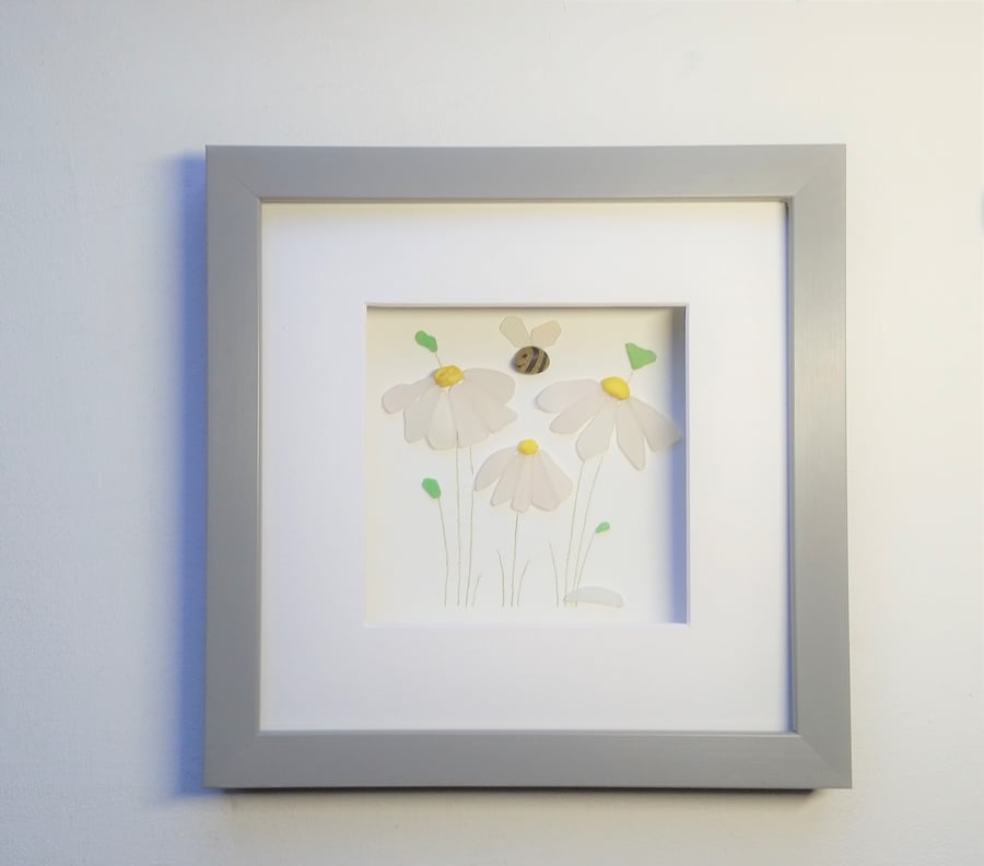 sea glass flowers, white daisies, framed wall art, unusual gifts for her