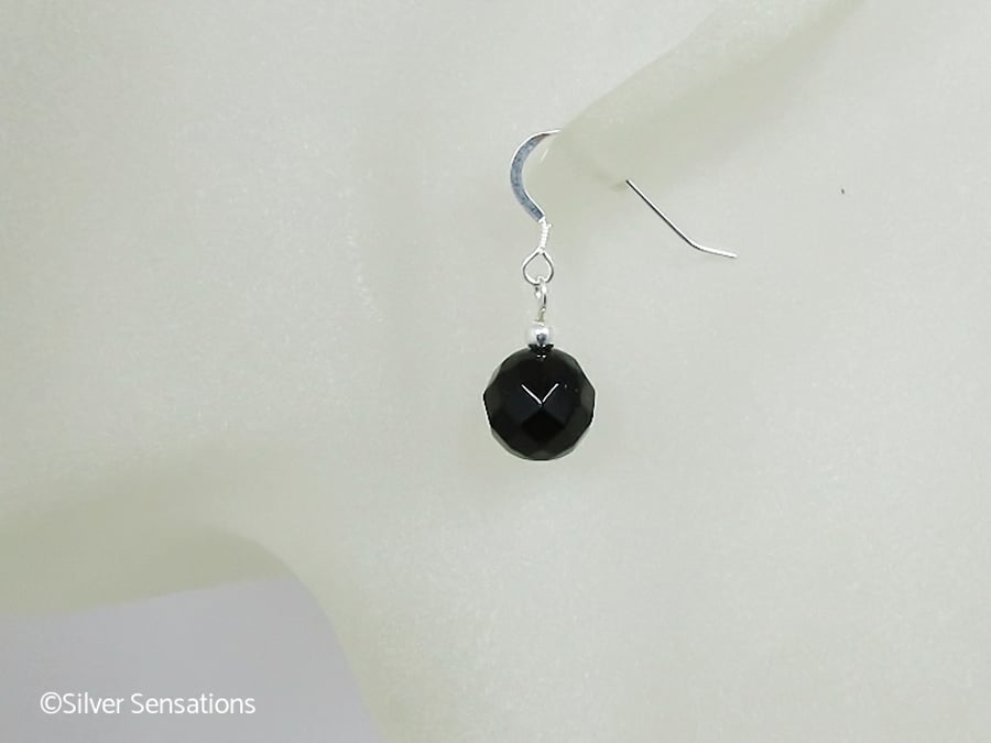 Faceted Black Onyx & Sterling Silver Short Drop Earrings - Gift Under 15GBP