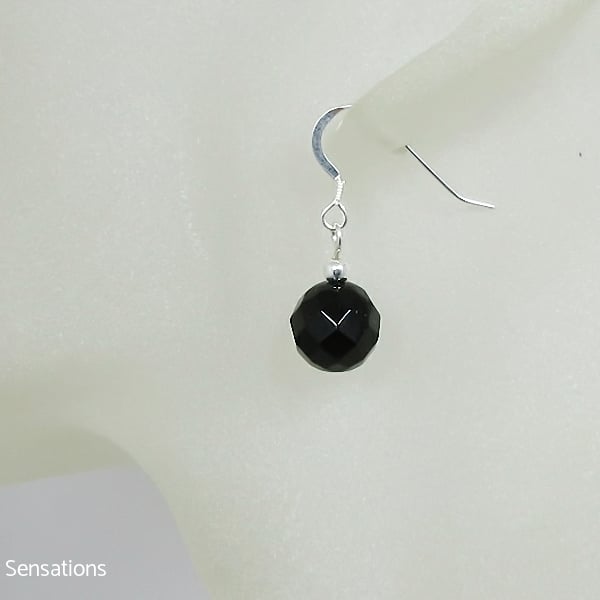 Faceted Black Onyx & Sterling Silver Short Drop Earrings - Gift Under 15GBP