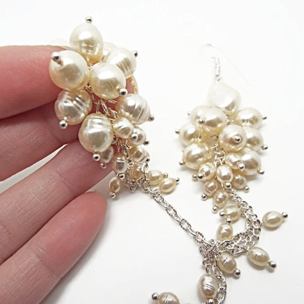 Faux Cream Pearl Dangle Earrings with Silver Plated Findings - Handmade