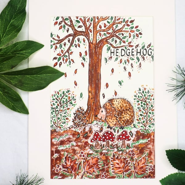 Hedgehog original watercolour painting A4 mounted