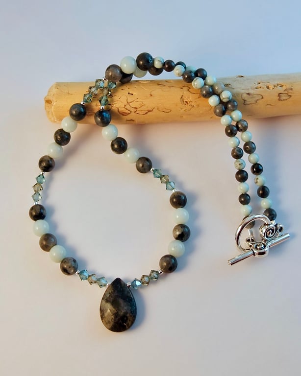 Larvikite, Amazonite & Crystal Necklace, Pendant, Birthday, Anniversary Gift 