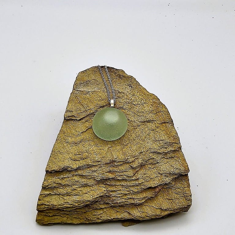Sea Glass Pendant Necklace Pale Green, 925 Sterling Silver Chain
