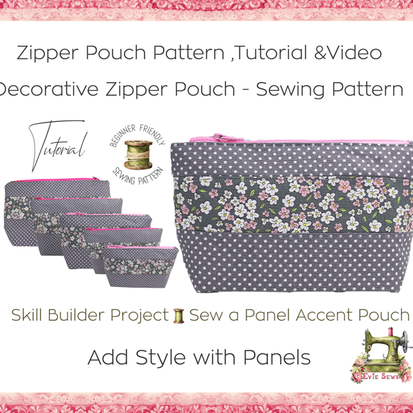Panel Zipper Pouch Sewing Pattern – Easy Beginner PDF with Video Tutorial – DIY 