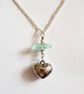 Sea Glass Heart Necklace - Aqua Sea Glass Bead and Silver Heart Charm - Image 2