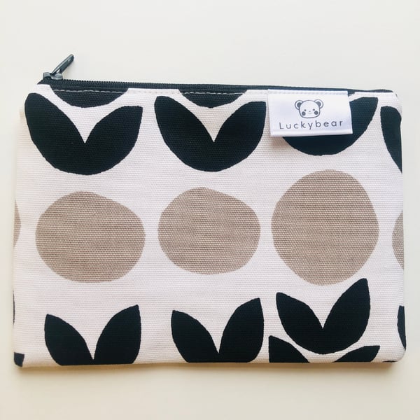 Scandi print zip pouch in Lotta Jansdotter fabric: black, white and taupe