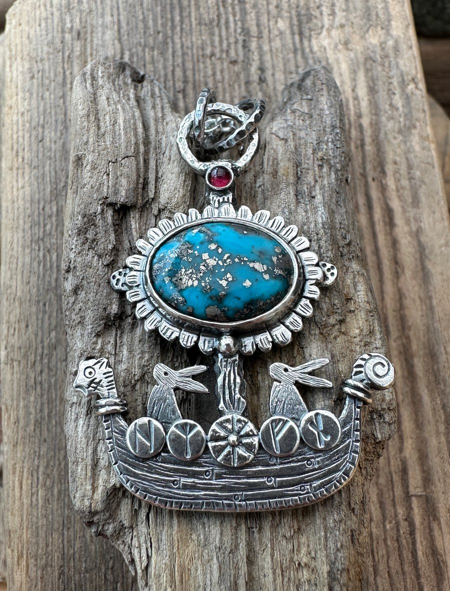 Hare Viking Ship with Morenci Turquoise and Garnet