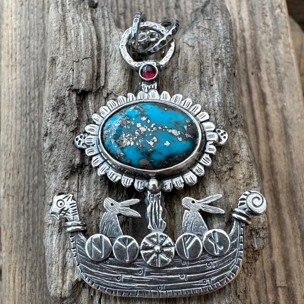 Hare Viking Ship with Morenci Turquoise and Garnet