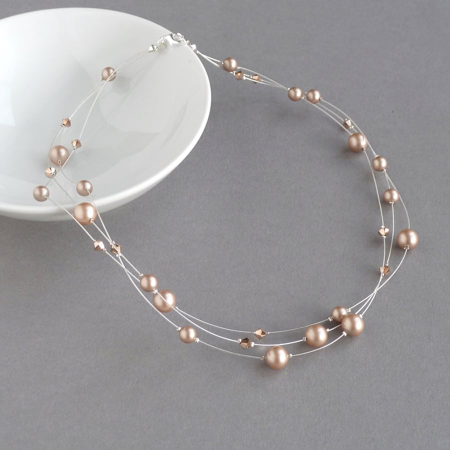 Rose Gold Floating Pearl Necklace - Bridesmaid Jewellery - Beige Wedding