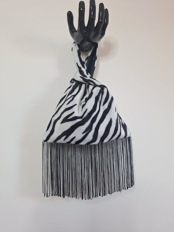  Animal print faux fur fabric Japanese Knot bag with 13cm black tassel trim 