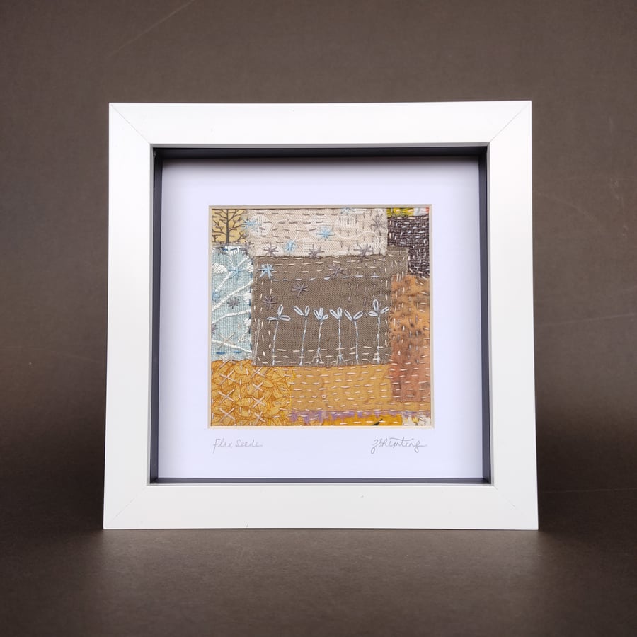 "Flax Seeds" - Square framed fabric collage. Textile art, abstract embroidery.