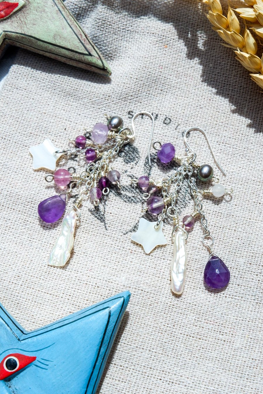 Amethyst Earrings - Freshwater Pearl Celestial Earrings, Gemstone Bead Earrings