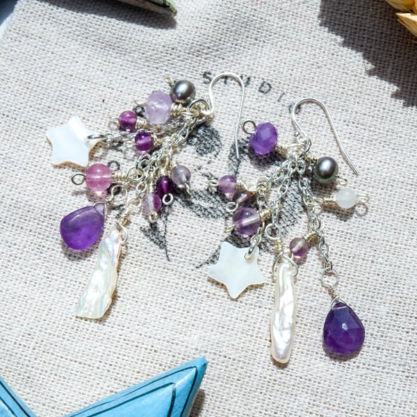 Amethyst Earrings - Freshwater Pearl Celestial Earrings, Gemstone Bead Earrings