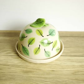 Butter Dish (Circle) - Green Beech Leaves, Pattern 