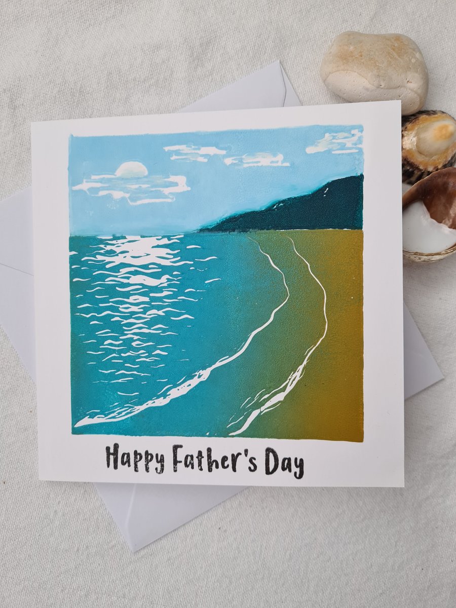 Father's Day linocut coastal beach scene art card handprinted