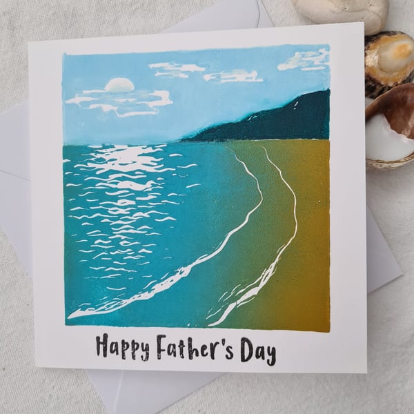 Father's Day linocut coastal beach scene art card handprinted