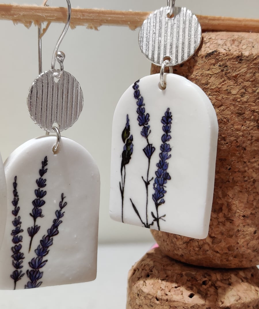 Silver lavender transfer polymer clay earrings