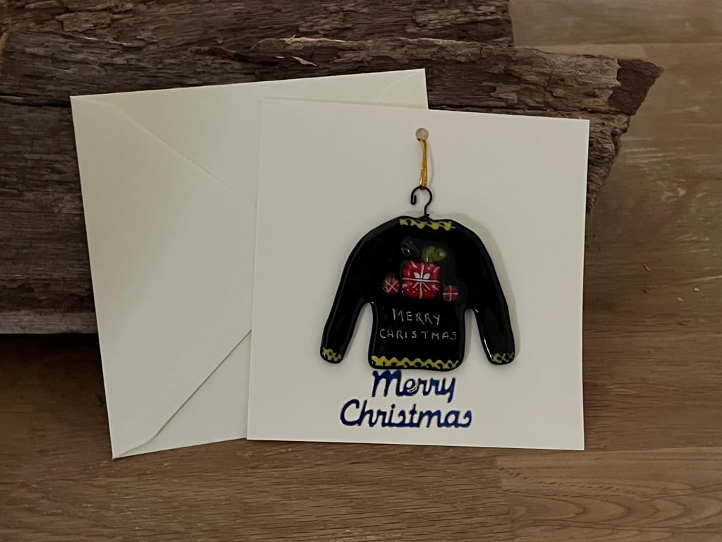 Handmade Detachable Keepsake, Fused Glass Festive Christmas Jumper Card