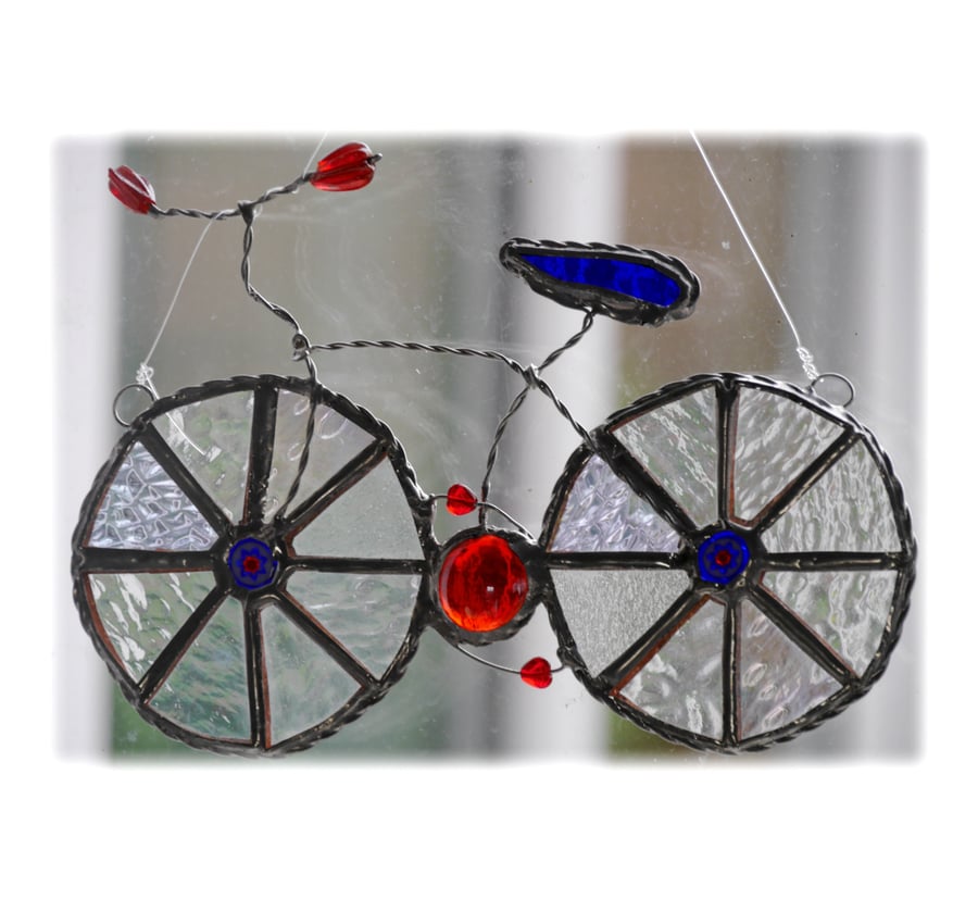 Bicycle Suncatcher Blue Red Stained Glass Handmade Cycling 023