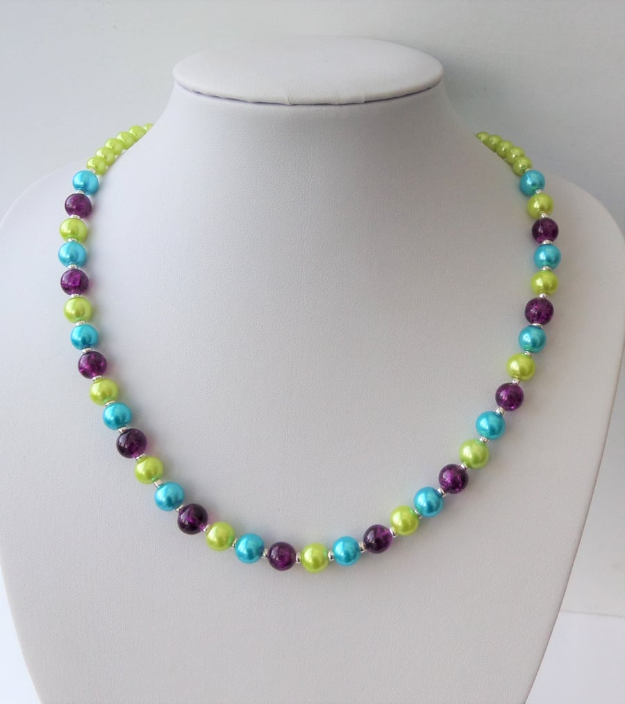 Lime green and turquoise pearl, dark purple crackle beaded necklace