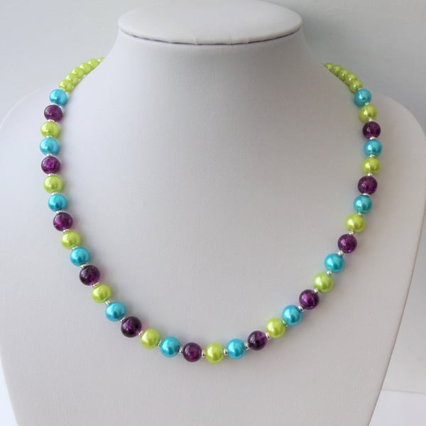 Lime green and turquoise pearl, dark purple crackle beaded necklace