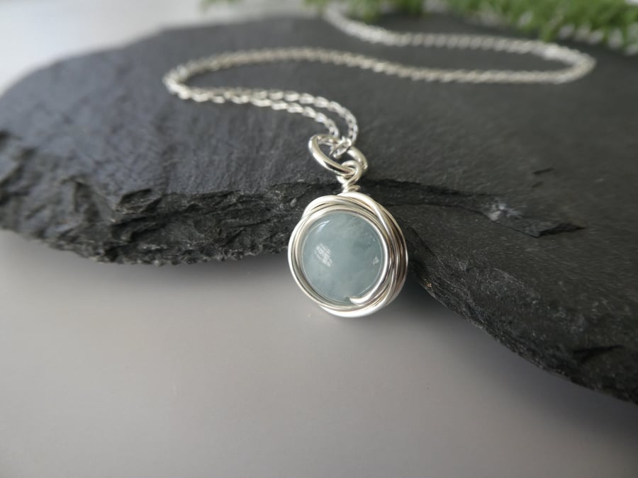 March birthstone necklace, sterling silver aquamarine pendant, March birthday 