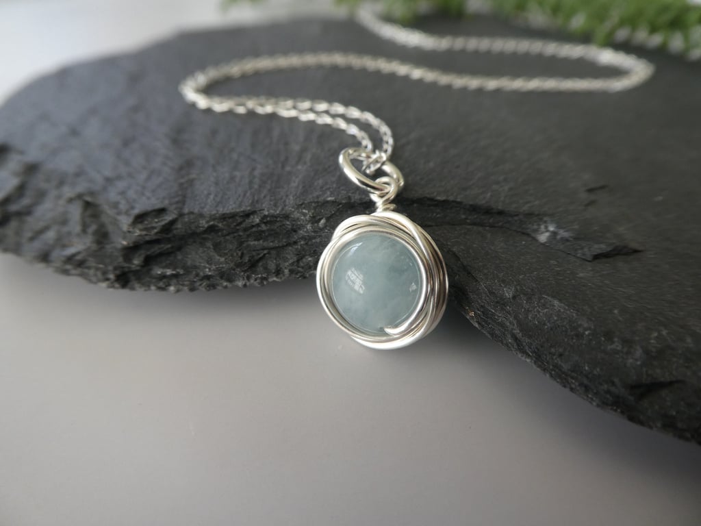 March birthstone necklace, sterling silver aquamarine pendant, March birthday 