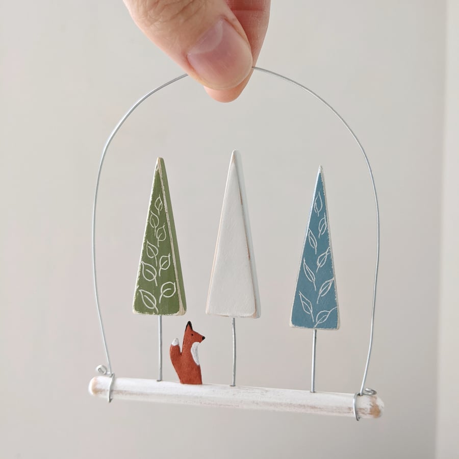 Handmade Hanging Wooden Decoration, Leafy Trees with Foxy