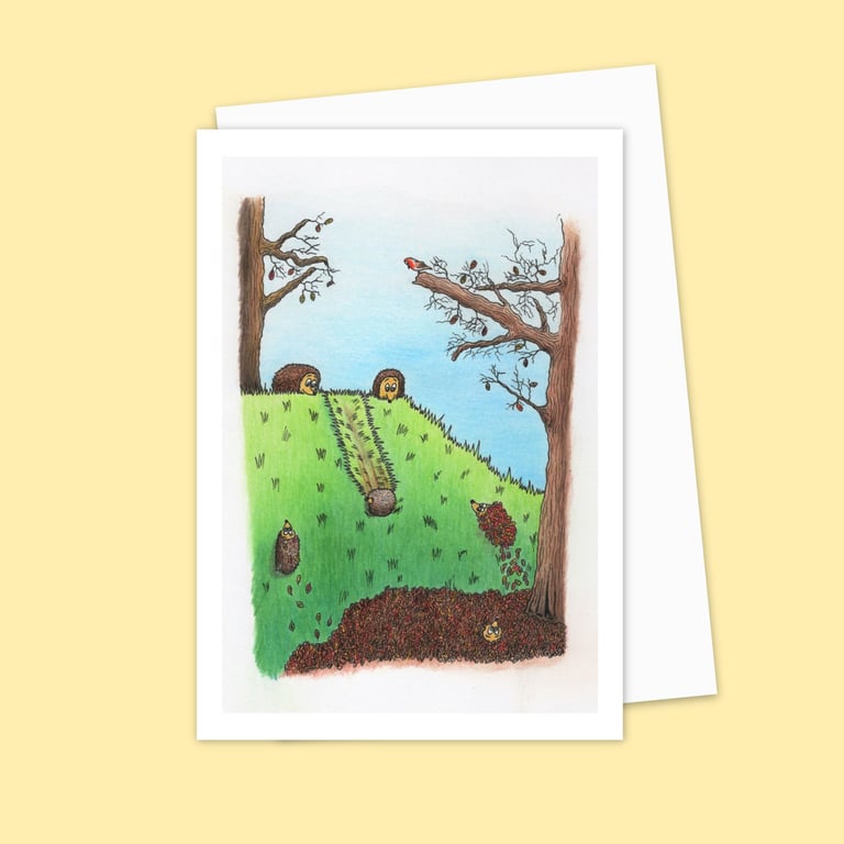 Playful Hedgehogs Greeting Card: Cute Hand Drawn Pencil Illustration (214)