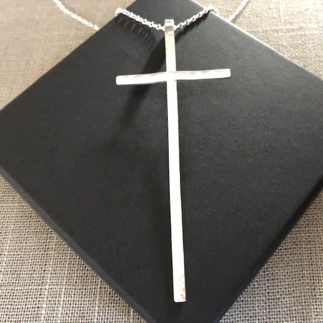 Large Sterling Silver Cross Necklace, Hammer Textured Cross Pendant