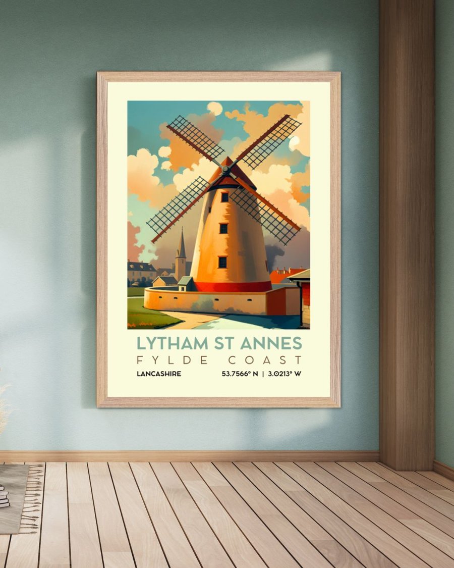 Retro Lytham St Annes Windmill Art Print - Vintage Lancashire Coast Illustration