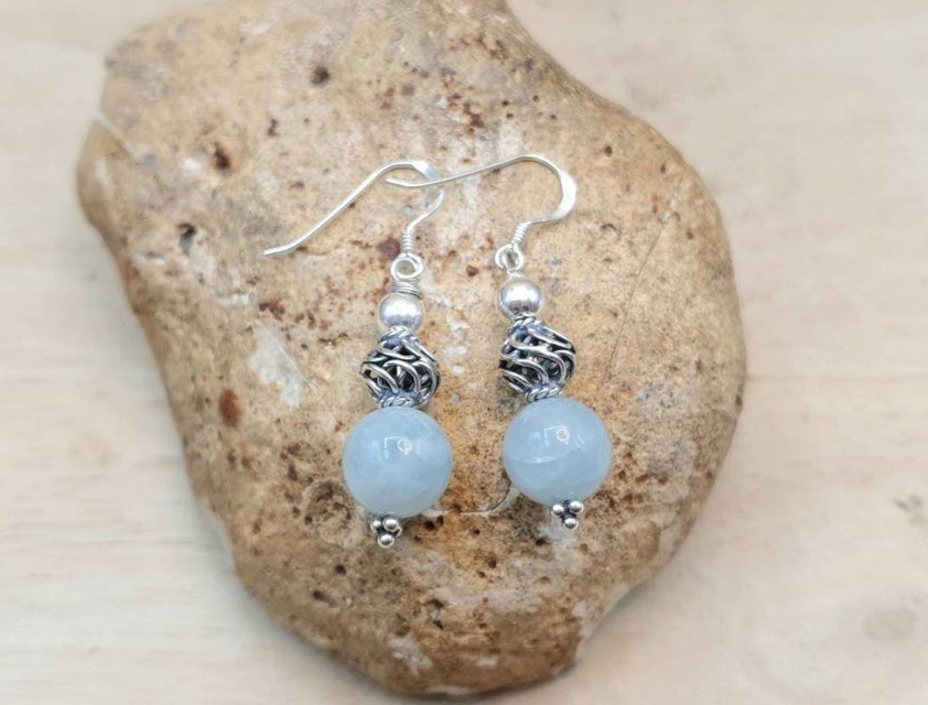 Aquamarine sphere earrings. Dangle Drop March Birthstone Reiki jewelry