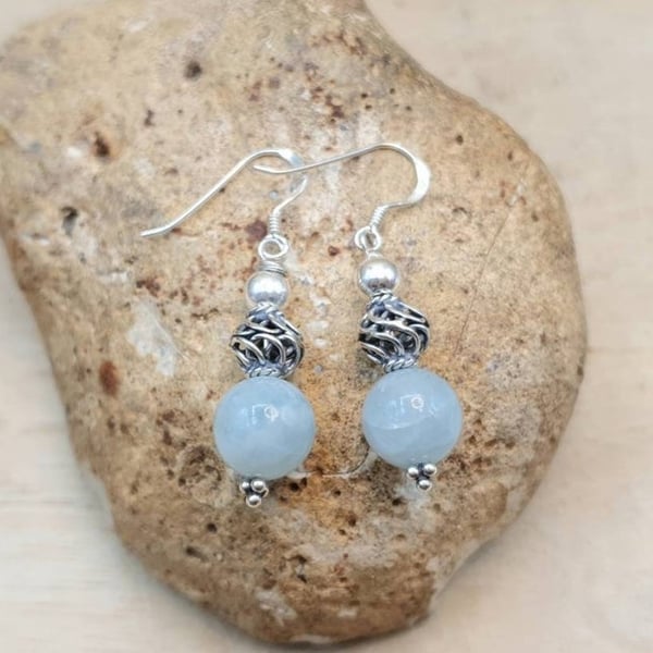 Aquamarine sphere earrings. Dangle Drop March Birthstone Reiki jewelry