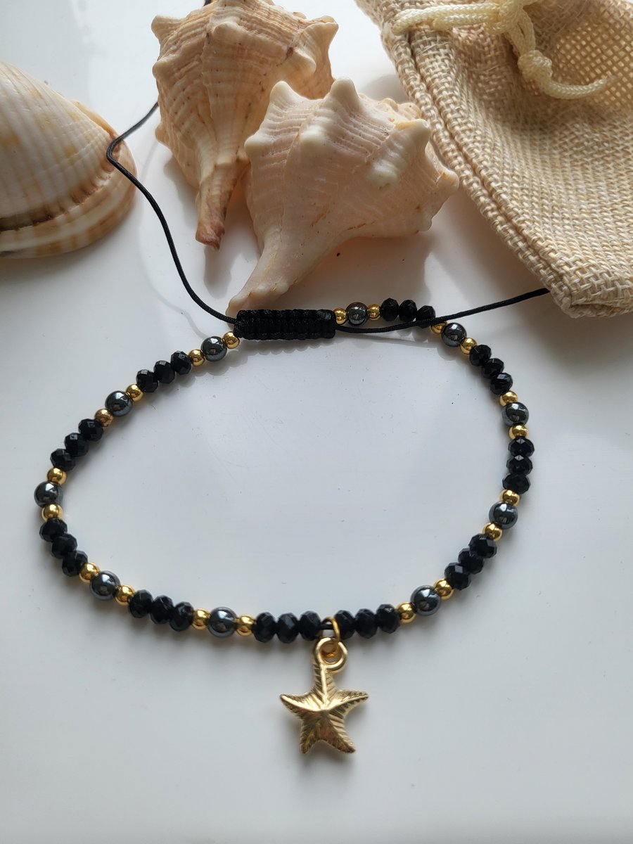 Hematite stone and gold starfish charm beaded adjustable anklet