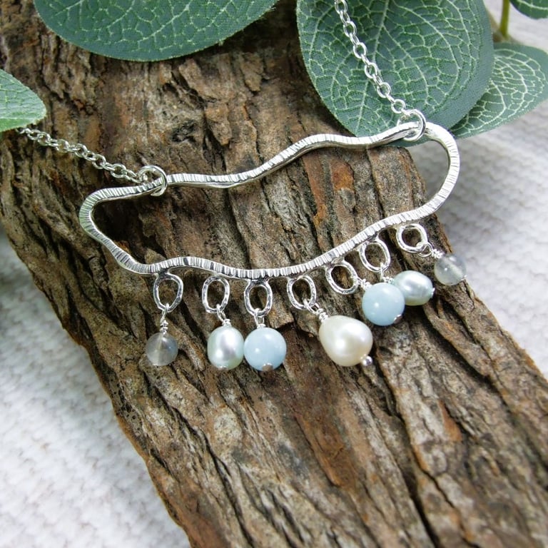 Sterling Silver Rain Cloud Necklace with Blue Gemstone Raindrops