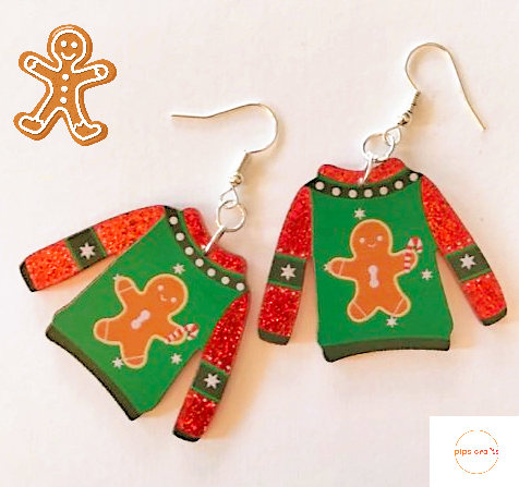 Fun Sparkly Red Christmas Jumper Earrings Gingerbread -  Quirky Gift Idea